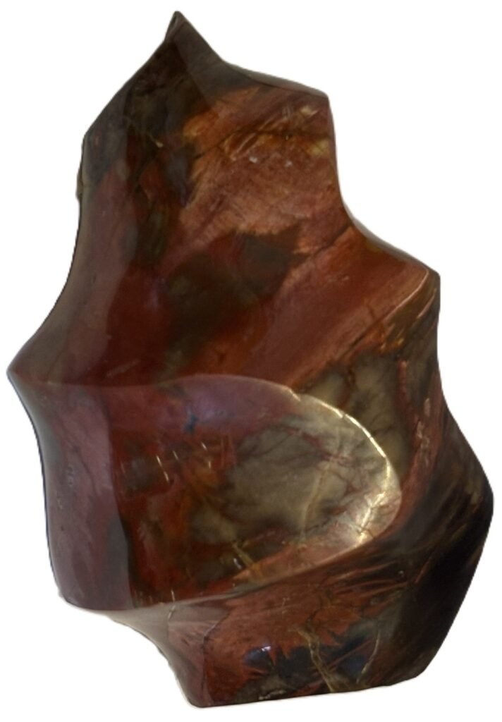 Carnelian flame 1 1 sians emporium Hand carved polished carnelian flame sculpture featuring twisting ridges with deep mahogany red burnt orange tones and smoky chalcedony patches isolated on a white background